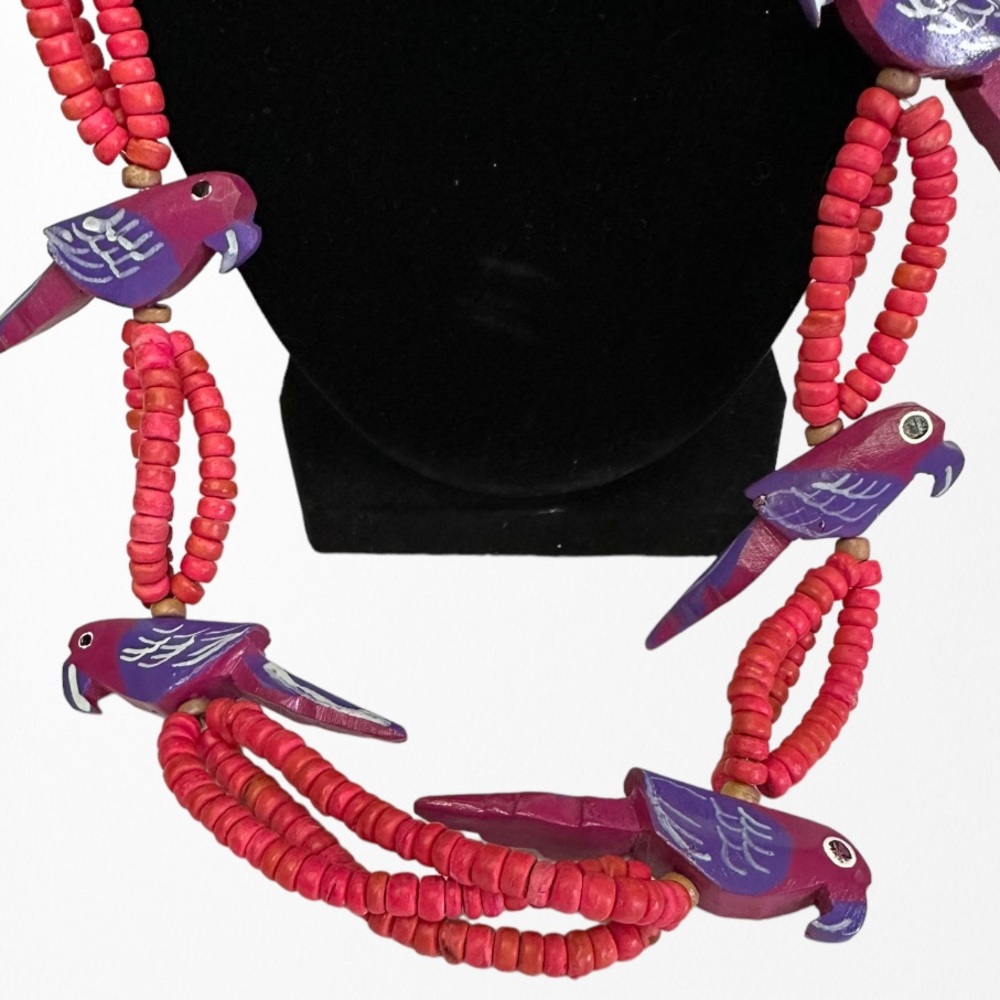 Vintage Caribbean Artisan Hand Carved Wood Parrot Necklace View 4